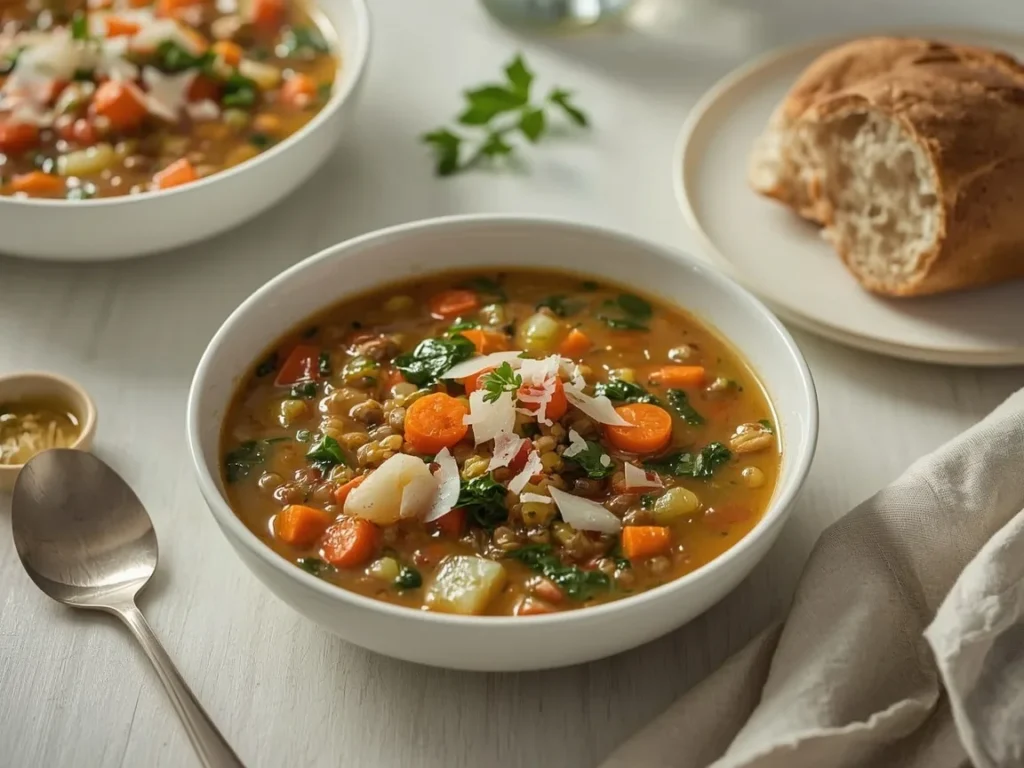 Hearty lentil and vegetable soup topped with parmesan and olive oil