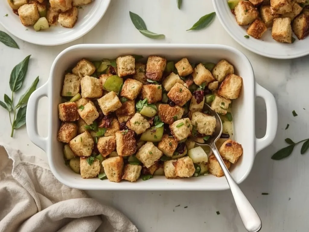 Herb and apple stuffing with toasted bread cubes, celery and dried cranberries in a white baking dish