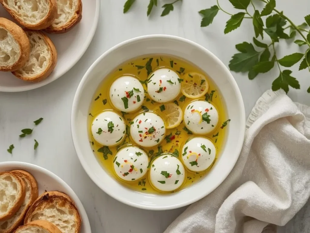Herb-marinated mozzarella balls in olive oil with lemon zest and crusty bread