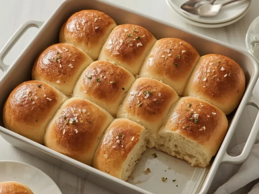 Herb Parker House rolls brushed with butter in a baking pan