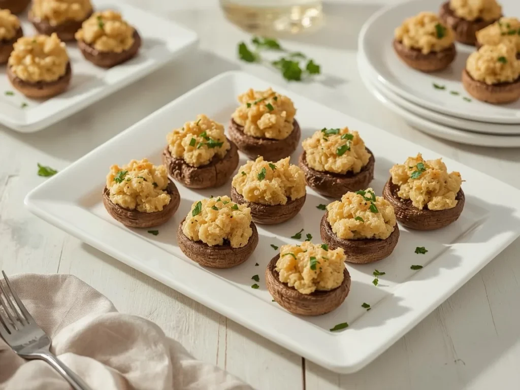 Herb and parmesan stuffed mushrooms on a white platter