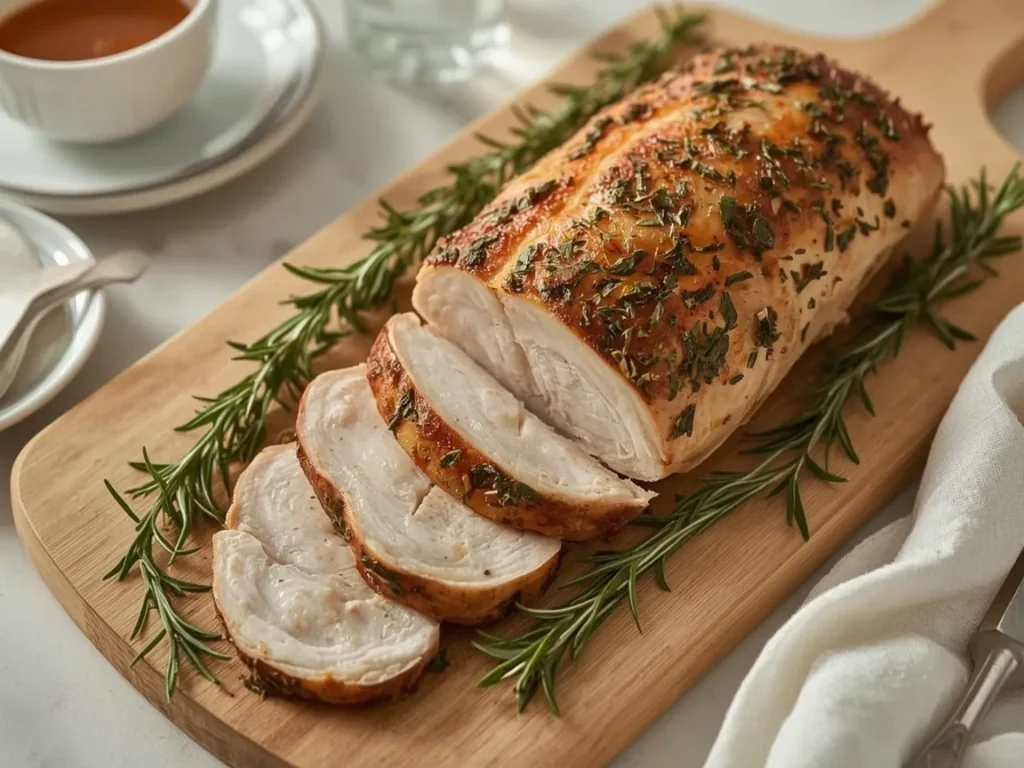 Herb-roasted turkey breast sliced on a carving board with fresh herbs