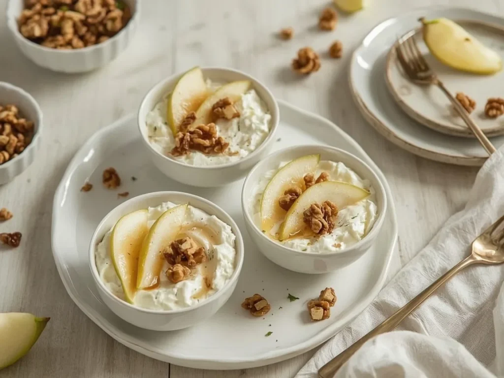 Whipped honey ricotta topped with sliced pears, walnuts and honey