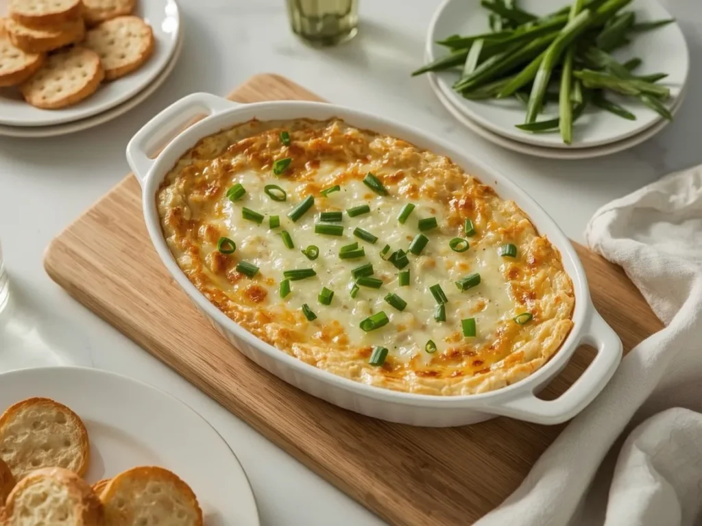 Hot artichoke and parmesan dip in a baking dish with baguette slices and crackers