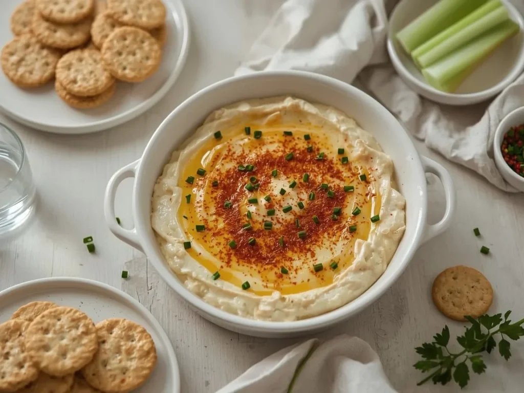 Hot crab dip with golden top, crackers and celery