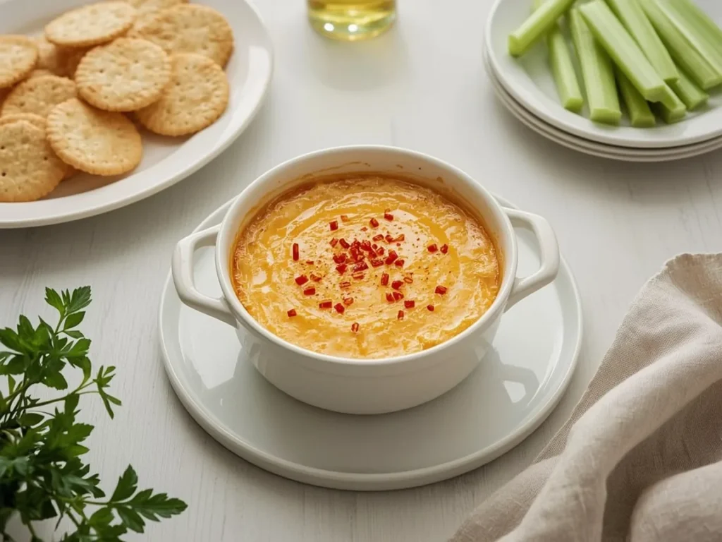 Hot pimento cheese dip with crackers and celery sticks