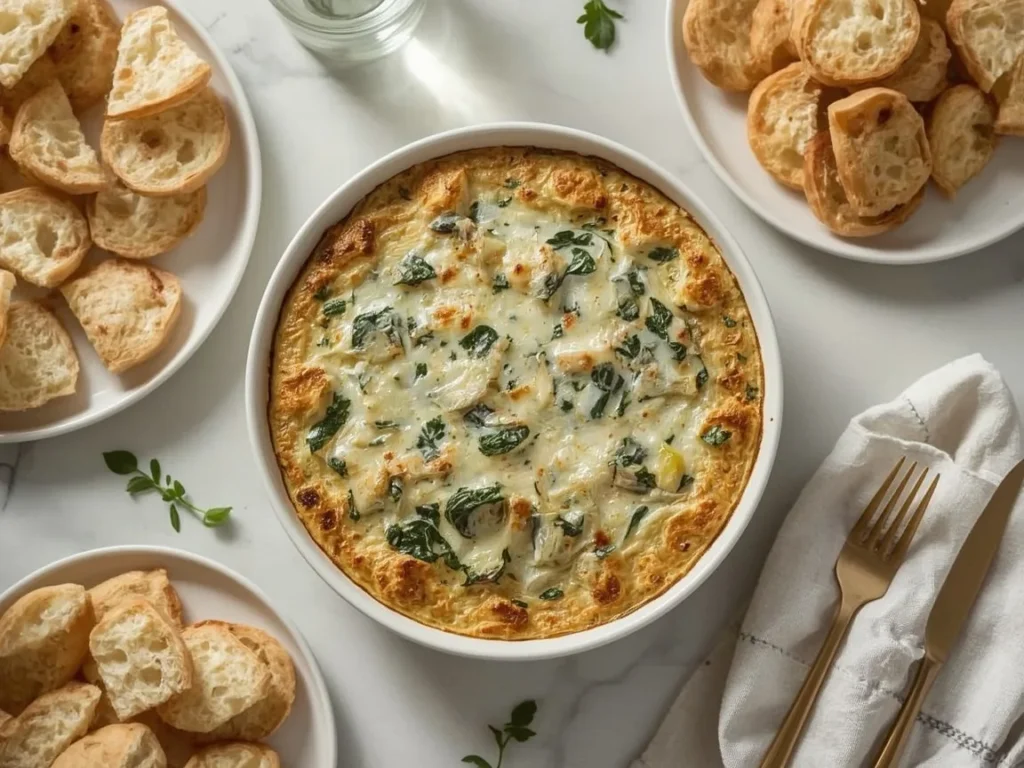 Hot spinach and artichoke dip with golden top and baguette slices