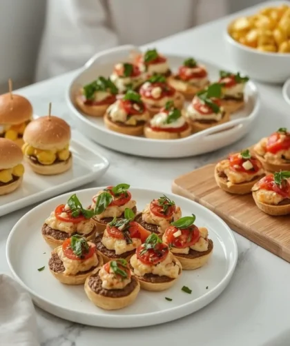 Crowd-pleasing party appetizers including sliders, mac and cheese bites, bruschetta and shrimp skewers