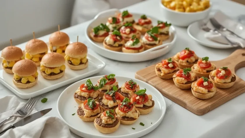 Crowd-pleasing party appetizers including sliders, mac and cheese bites, bruschetta and shrimp skewers