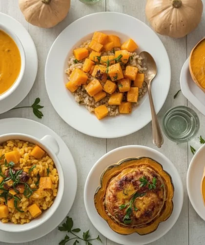 Butternut squash recipes including soup, roasted squash, risotto and gratin