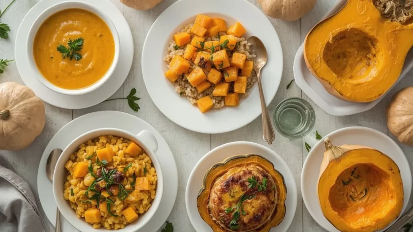 Butternut squash recipes including soup, roasted squash, risotto and gratin