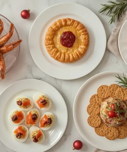 Christmas appetizer spread with roasted shrimp, baked Brie, deviled eggs, caprese skewers and a cranberry cheese ball
