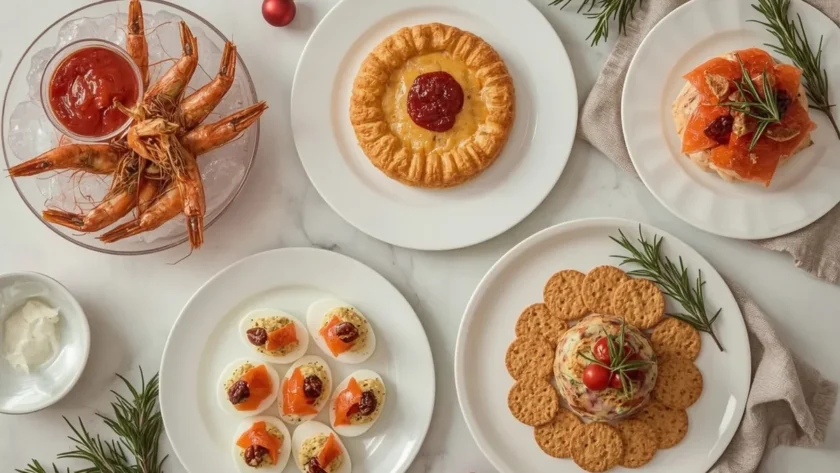 Christmas appetizer spread with roasted shrimp, baked Brie, deviled eggs, caprese skewers and a cranberry cheese ball