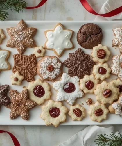 Christmas cookie tray with sugar cookies, gingerbread, crinkles, Linzer cookies, thumbprints and snowballs