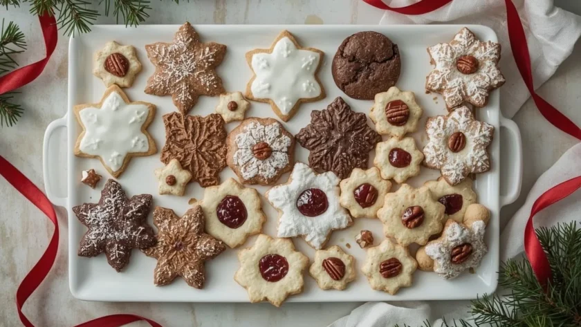 Christmas cookie tray with sugar cookies, gingerbread, crinkles, Linzer cookies, thumbprints and snowballs