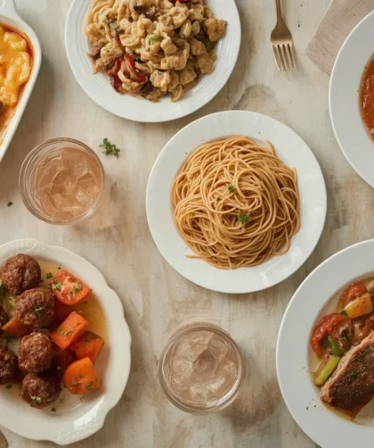 Comfort food spread including mac and cheese, chicken pot pie, spaghetti and meatballs and pot roast