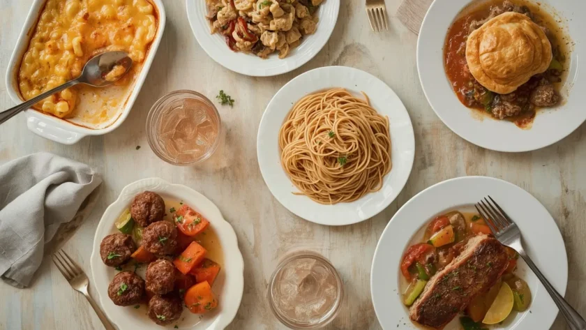 Comfort food spread including mac and cheese, chicken pot pie, spaghetti and meatballs and pot roast