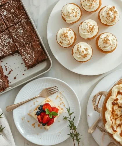 Dessert buffet with brownies, lemon bars, coconut cupcakes, carrot cake, berry trifle and strawberry shortcakes