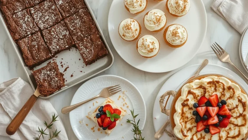 Dessert buffet with brownies, lemon bars, coconut cupcakes, carrot cake, berry trifle and strawberry shortcakes