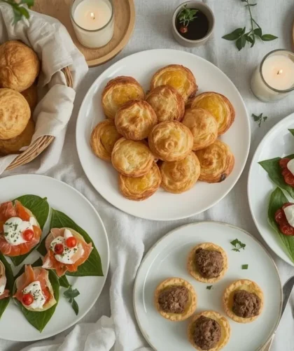 Dinner party appetizers with gougères, smoked salmon toasts, burrata, crab endive cups and tomato tarts