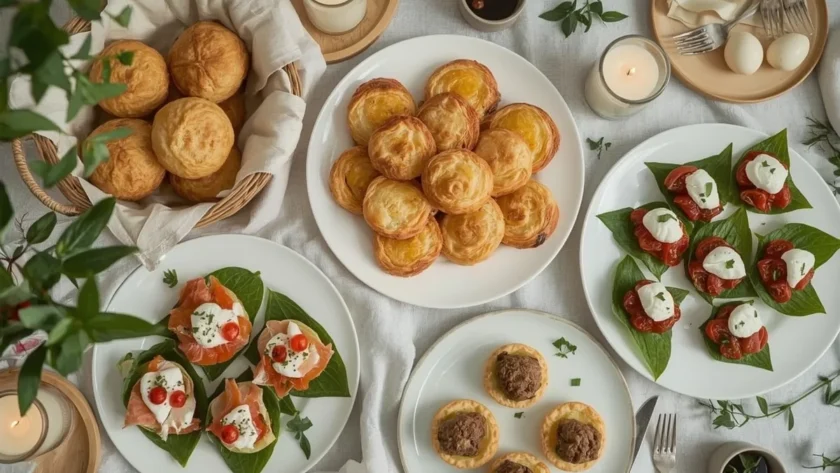 Dinner party appetizers with gougères, smoked salmon toasts, burrata, crab endive cups and tomato tarts