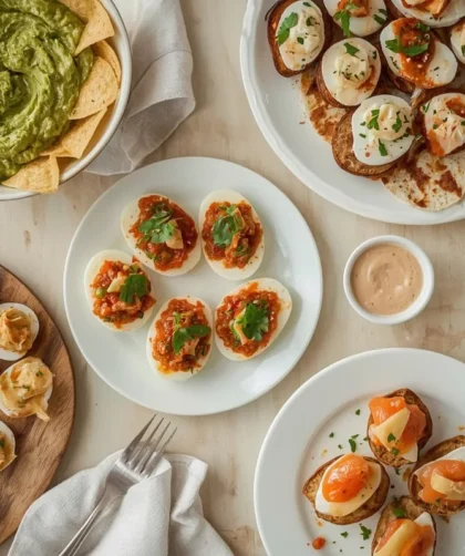 Party appetizer table with guacamole, bruschetta, deviled eggs, chicken satay, cheese straws and smoked salmon crostini