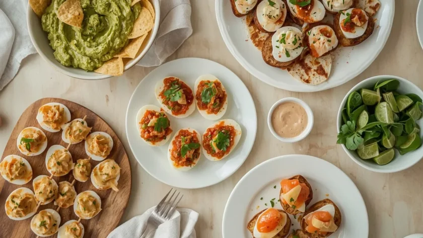 Party appetizer table with guacamole, bruschetta, deviled eggs, chicken satay, cheese straws and smoked salmon crostini