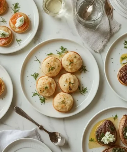 Elegant party appetizers including smoked salmon blini, mini lobster rolls, scallops and lamb chops