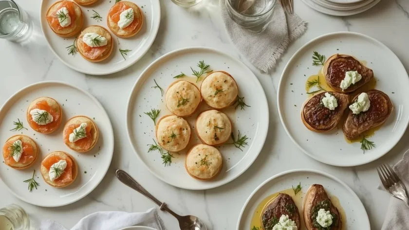 Elegant party appetizers including smoked salmon blini, mini lobster rolls, scallops and lamb chops