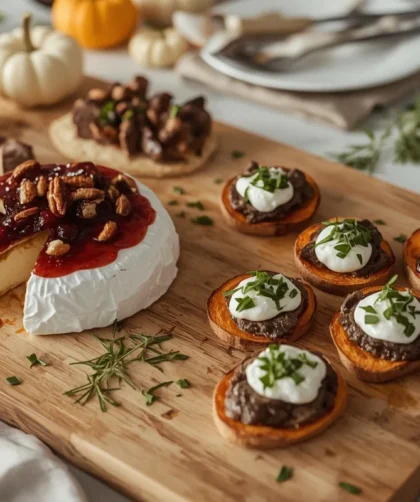 Fall appetizer spread with baked brie, beef crostini, stuffed mushrooms and pumpkin hummus on a wooden board
