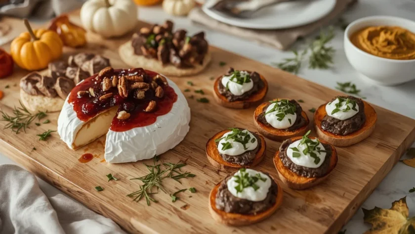 Fall appetizer spread with baked brie, beef crostini, stuffed mushrooms and pumpkin hummus on a wooden board