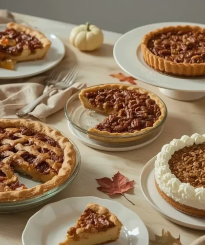 Fall desserts including apple pie, pecan pie, apple crisp and pumpkin cheesecake