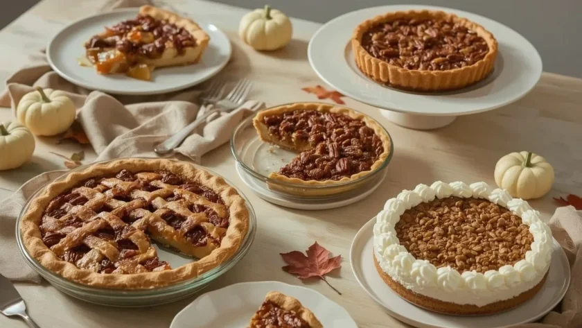 Fall desserts including apple pie, pecan pie, apple crisp and pumpkin cheesecake
