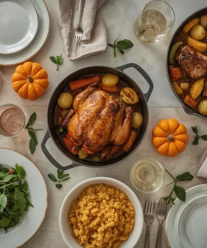 Fall dinner spread with roast chicken, braised short ribs, butternut squash risotto and chicken with apples
