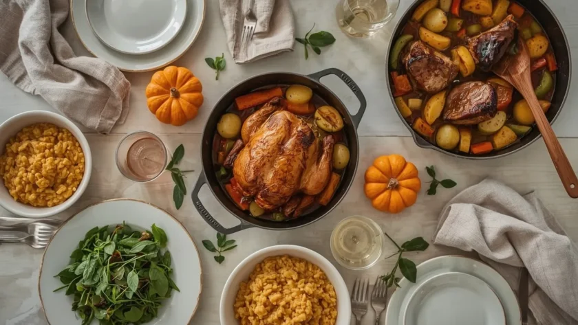 Fall dinner spread with roast chicken, braised short ribs, butternut squash risotto and chicken with apples