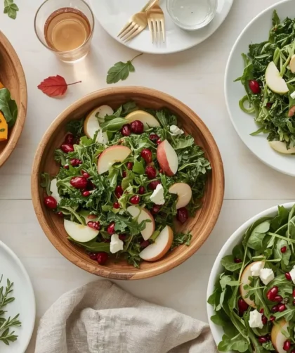 Fall salads including butternut squash salad, kale and apple salad and pear gorgonzola salad