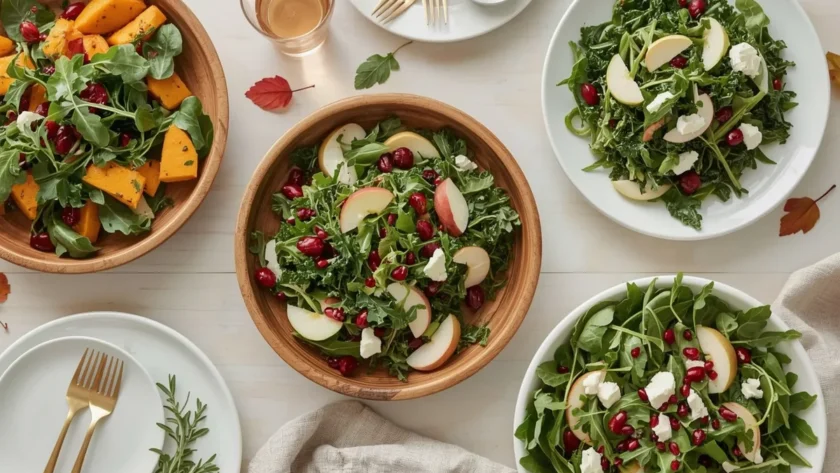 Fall salads including butternut squash salad, kale and apple salad and pear gorgonzola salad
