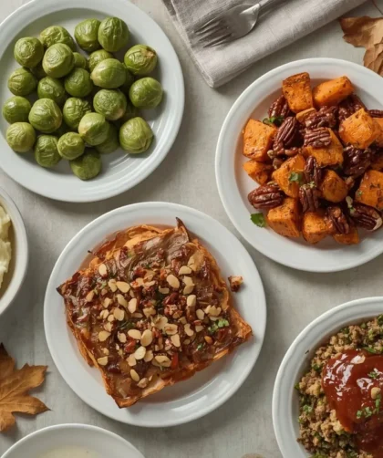 Thanksgiving side dishes including mashed potatoes, Brussels sprouts, sweet potato casserole and stuffing