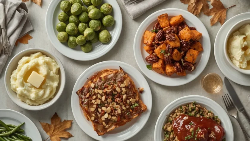 Thanksgiving side dishes including mashed potatoes, Brussels sprouts, sweet potato casserole and stuffing