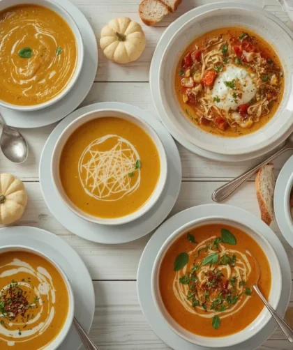 Bowls of fall soups including butternut squash, French onion, tomato basil and chicken noodle