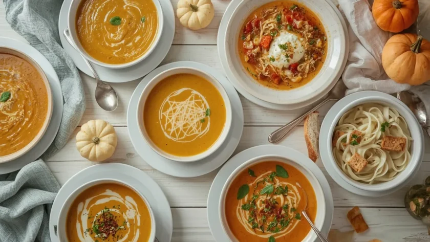 Bowls of fall soups including butternut squash, French onion, tomato basil and chicken noodle