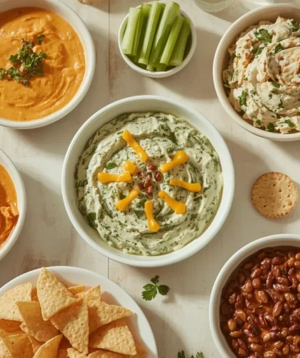 Game day dips including buffalo chicken dip, queso, spinach artichoke dip and guacamole