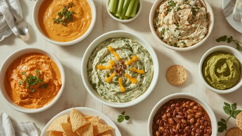 Game day dips including buffalo chicken dip, queso, spinach artichoke dip and guacamole