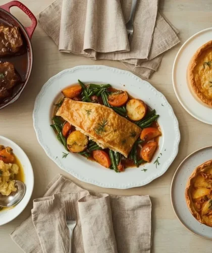 Dinner party table with short ribs, chicken pot pie, salmon, potato gratin, ratatouille and apple crostata