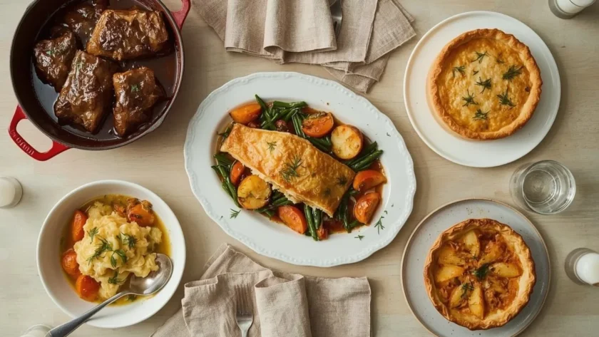 Dinner party table with short ribs, chicken pot pie, salmon, potato gratin, ratatouille and apple crostata