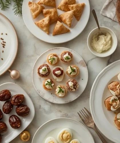 Make-ahead holiday appetizers including a cheese ball, crab cakes, phyllo triangles and deviled eggs