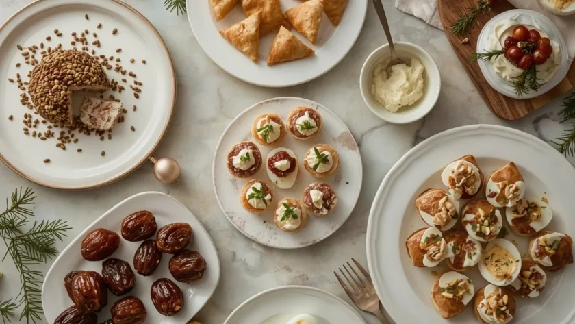Make-ahead holiday appetizers including a cheese ball, crab cakes, phyllo triangles and deviled eggs