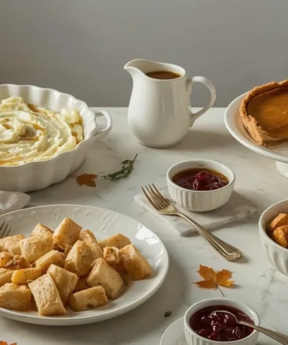 Make-ahead Thanksgiving dishes including mashed potatoes, gravy, pies and cranberry sauce
