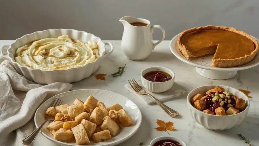 Make-ahead Thanksgiving dishes including mashed potatoes, gravy, pies and cranberry sauce