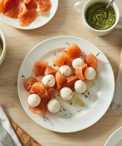 No-cook appetizers including guacamole, cucumber rounds, caprese skewers and a cheese board